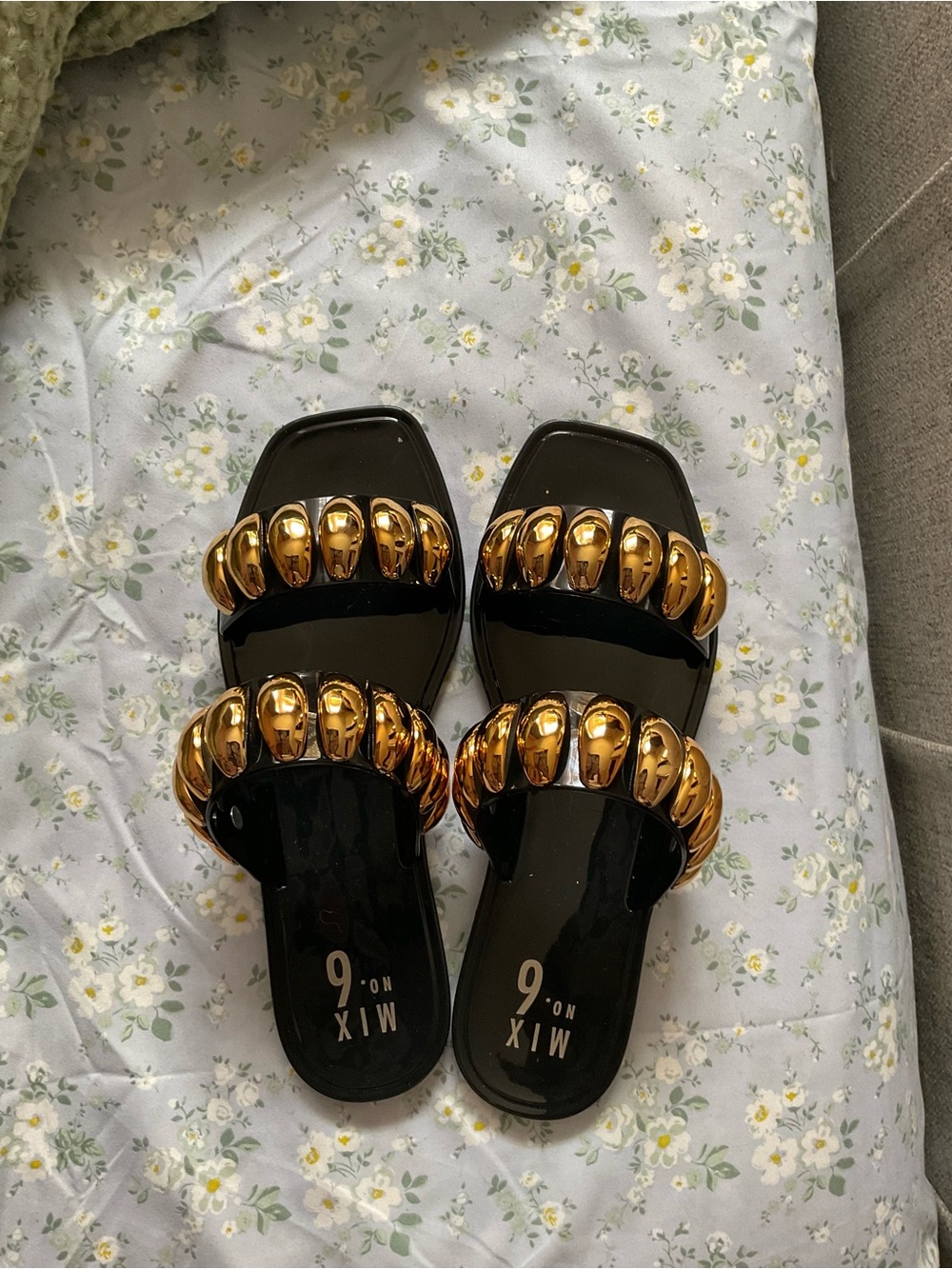 MIX NO. 6 Black Slide Sandals with Gold Accent